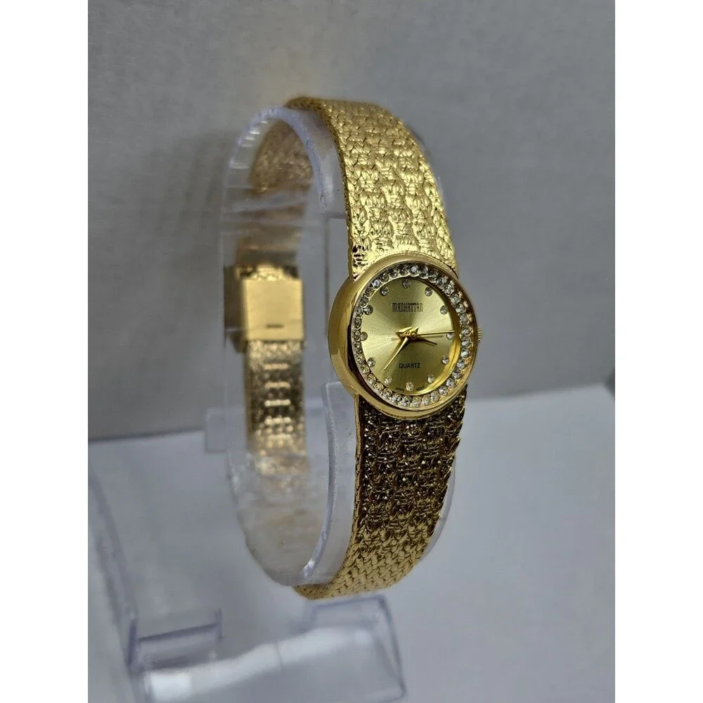 Manhattan Croton Womens Gold Tone Crystal Bezel Basket Weave Watch New Battery